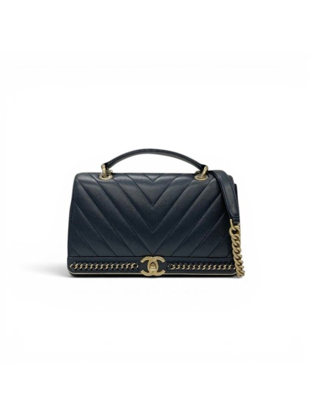 Chanel Shoulder Bag Navy Gold Blanc CC Logo Stitch Chain Turnlock 2-Way